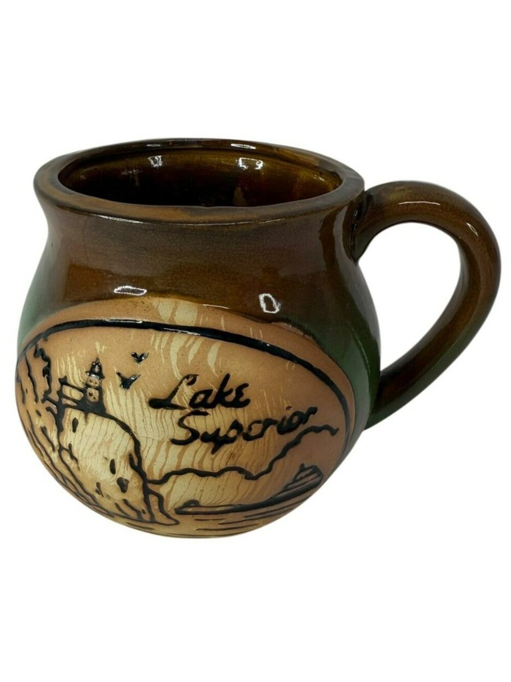 Lake Superior Stoneware Pottery Mug Hand Thrown Handmade Embossed Lighthouse